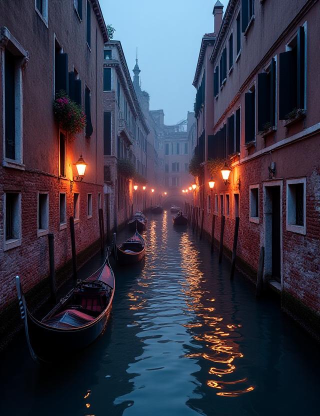 Un canale secondario e tranquillo di Venezia al crepuscolo.
