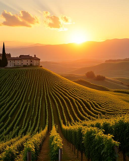 Vigneti e colline in Toscana al tramonto.